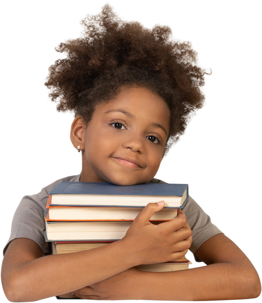 A Little Girl Holding a Stack of Books